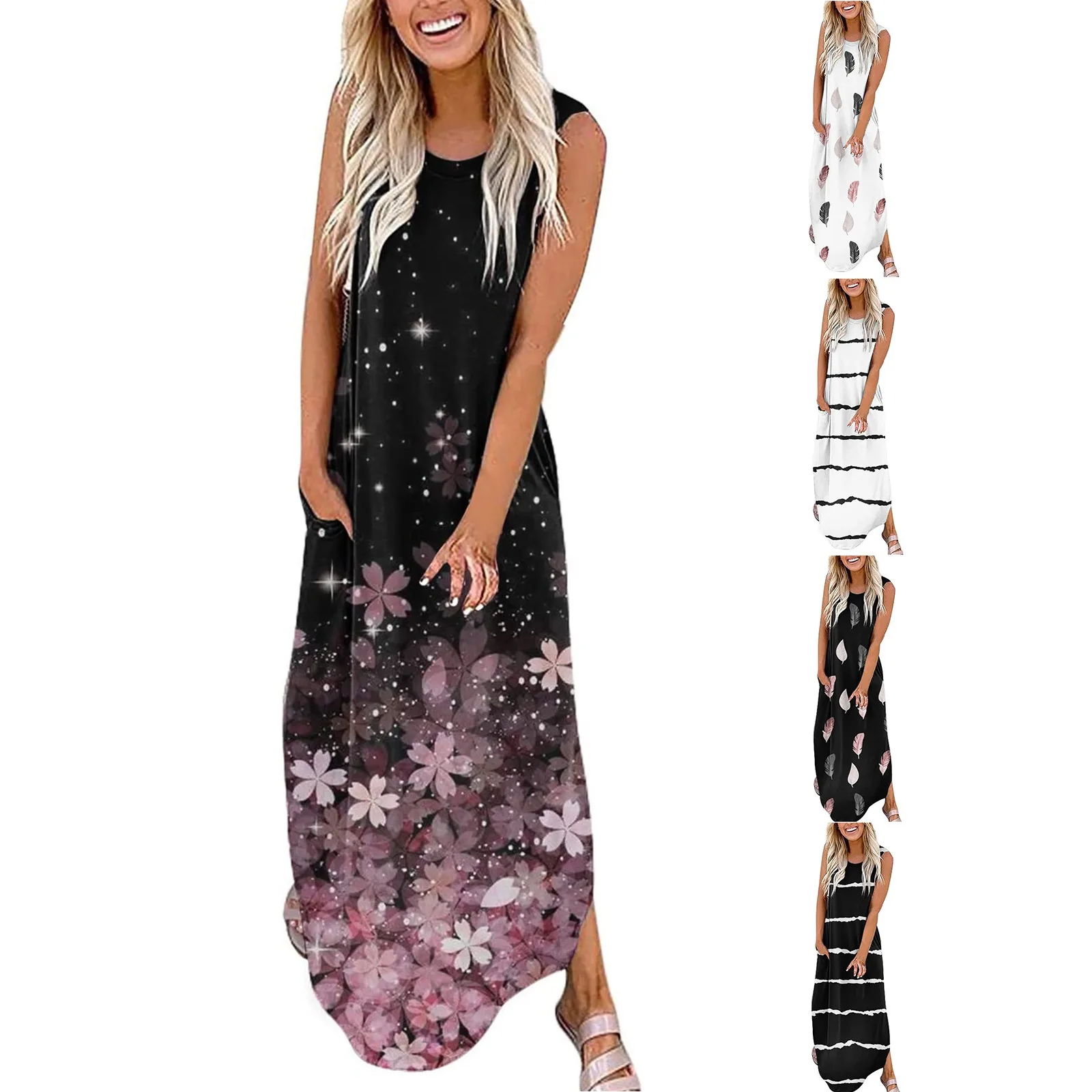 

Летние платья для женщин, повседневное летнее платье без рукавов с круглым вырезом, летние длинные платья на бретелях, деловые Повседневные...