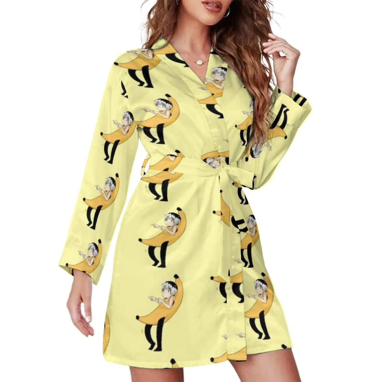 

Funny Meme Pajama Robe Haise in A Banana Long Sleeve Casual Loose Pajamas Robes Womens V Neck Romantic Nightgown Autumn Dress