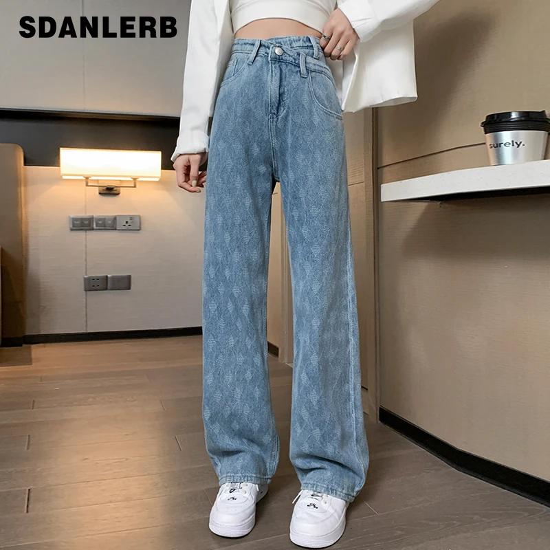 

Straight Jeans for Women 2022 New Spring Hot Girl Jacquard Loose-Fitting Slimming High Waist Wide Leg Denim Pants Ins Fashion