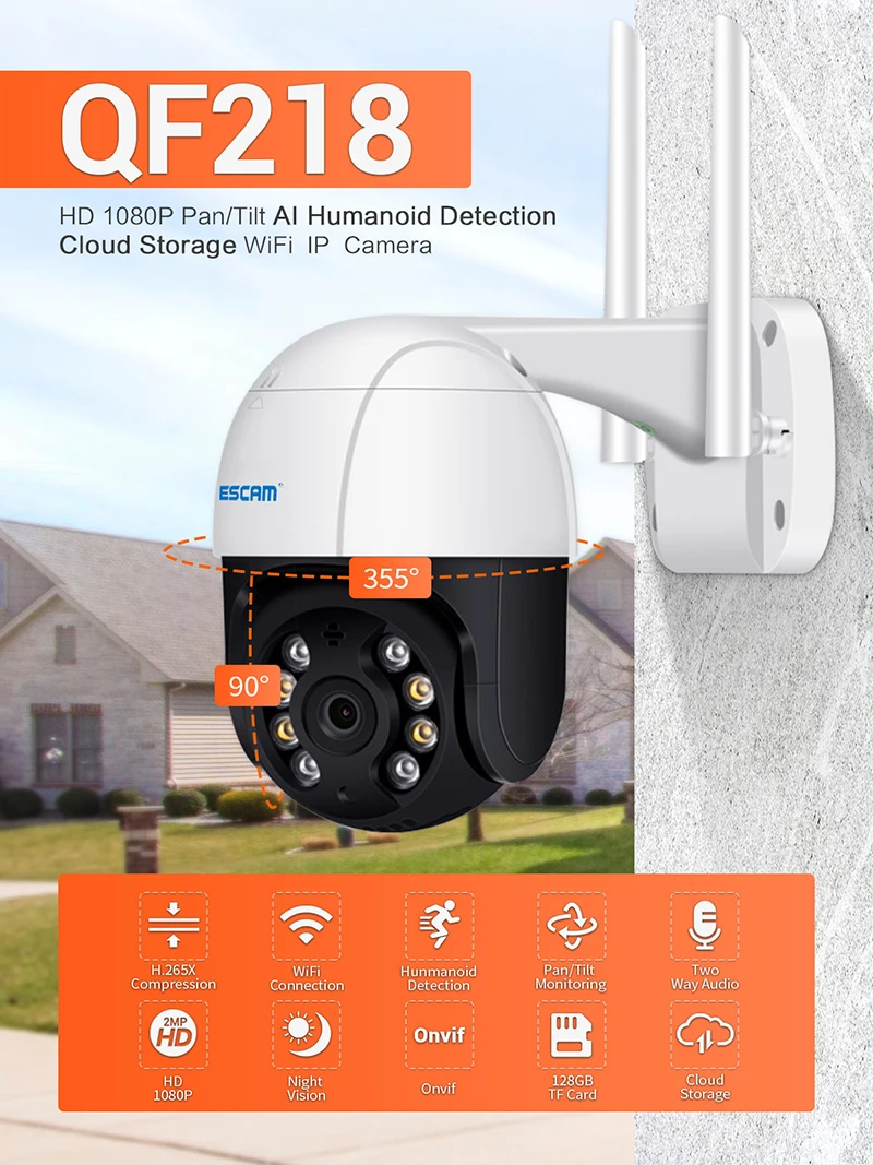 

ESCAM QF218 1080P AI Humanoid detection Pan/Tilt Waterproof WiFi Cloud Storage IP Camera with Two Way Audio Camera