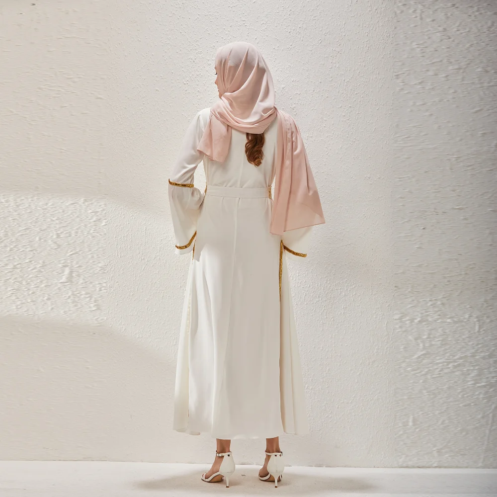 Middle Eastern White Embroidery Sequins Fashion Muslim Dress Southeast Asian Vestidos Arabes Dubai Y Turcos Robe Elegante Femme