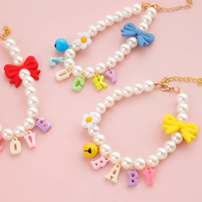 

Kitten Dog Bell Pearl Necklace Pet Collar Cute Bowknot Pendants Collar Accessories Jewelry Neck Chain for Small Dogs Cats