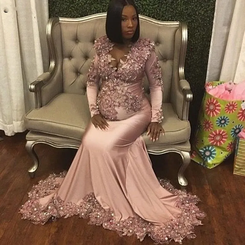 

Luxury Maternity Evening Dresses Mermaid Lace African Pink Beaded Long Sleeve Formal Prom Gown For Pregnant Women