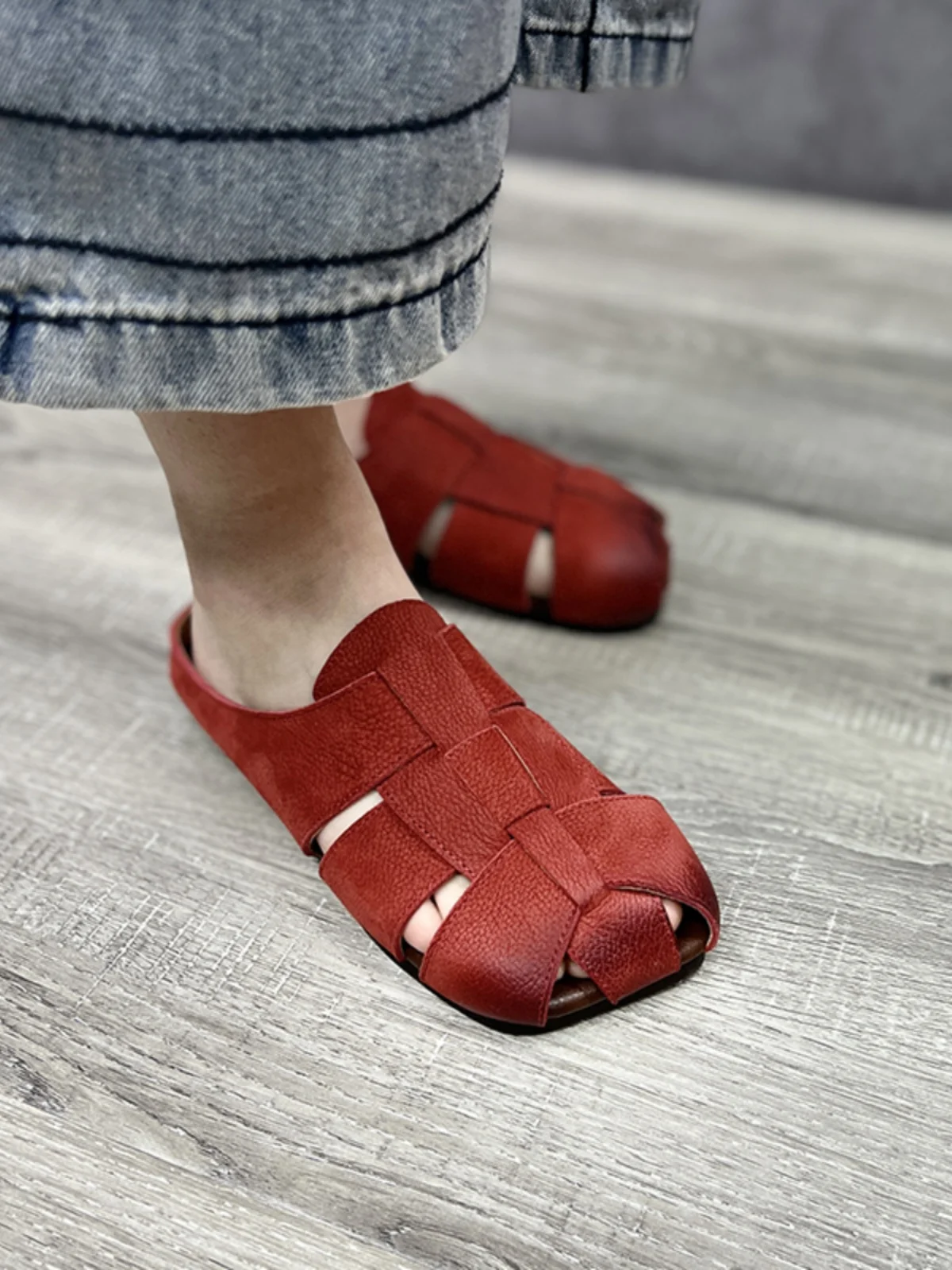 

Туфли Birkuir женские с закрытым носком, роскошная плетеная обувь, элегантные красные повседневные сандалии на плоской подошве, обувь из натуральной кожи
