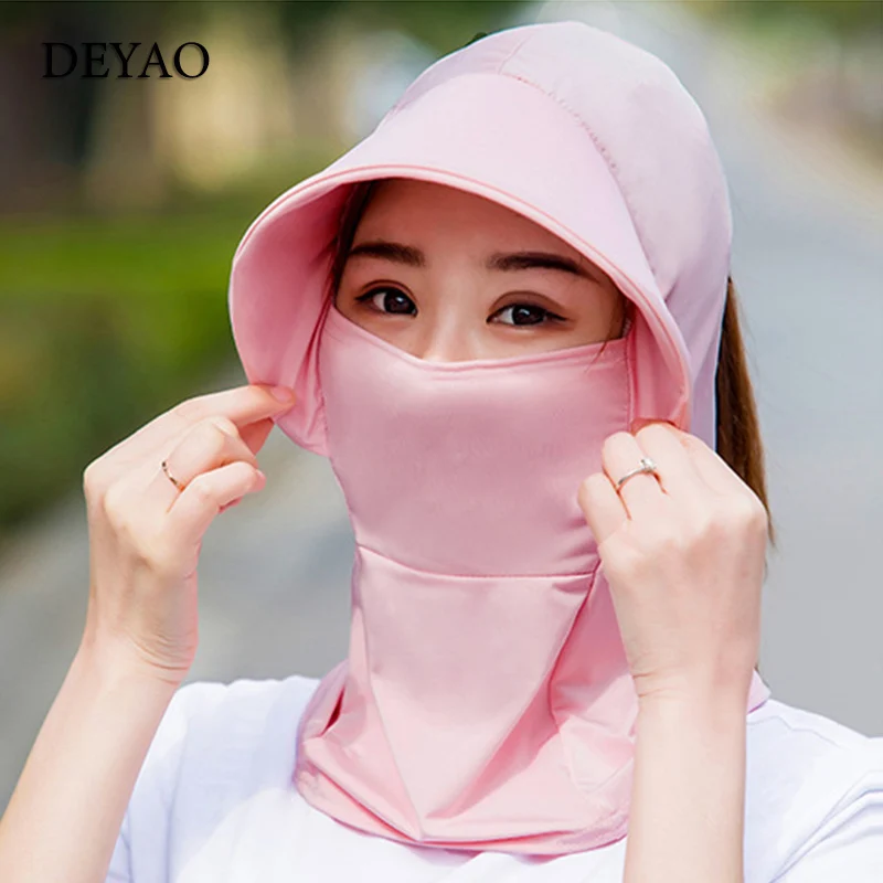 

Women Ice Silk Sun Hat With Mask Anti-UV Soft Visor Protect Head Neck Breathable Wide Brim Shading Hat Outdoor Dust-Proof Cap