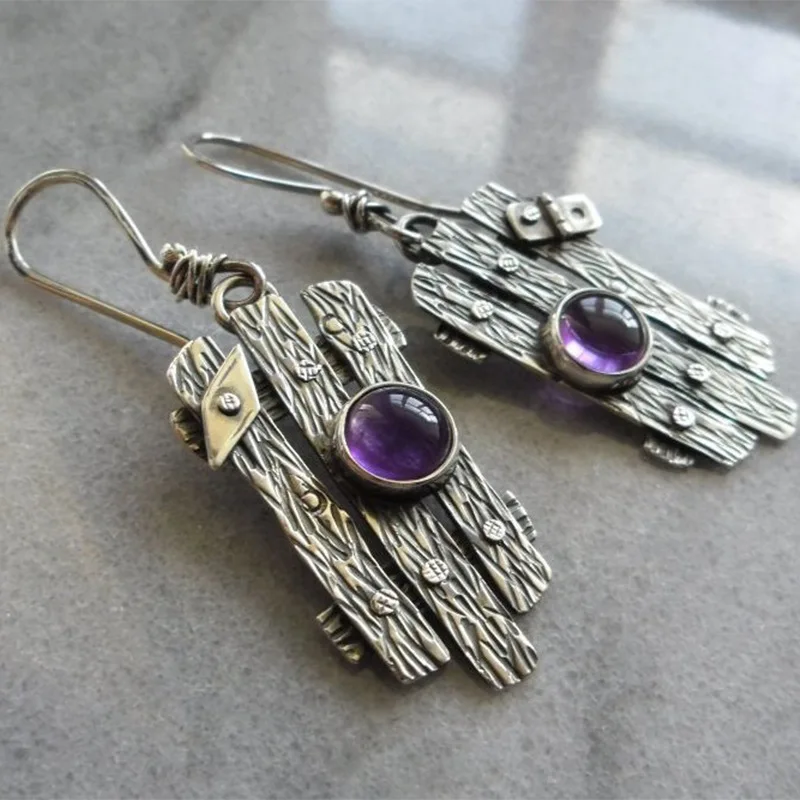 

Creativity Hand Carved Fence Metal Hook Earrings for Women Vintage Ancient Silver Color Round Purple Stone Dangle Earrings Gift