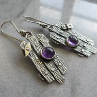creativity hand carved fence metal hook earrings for women vintage ancient silver round purple stone dangle earrings gift