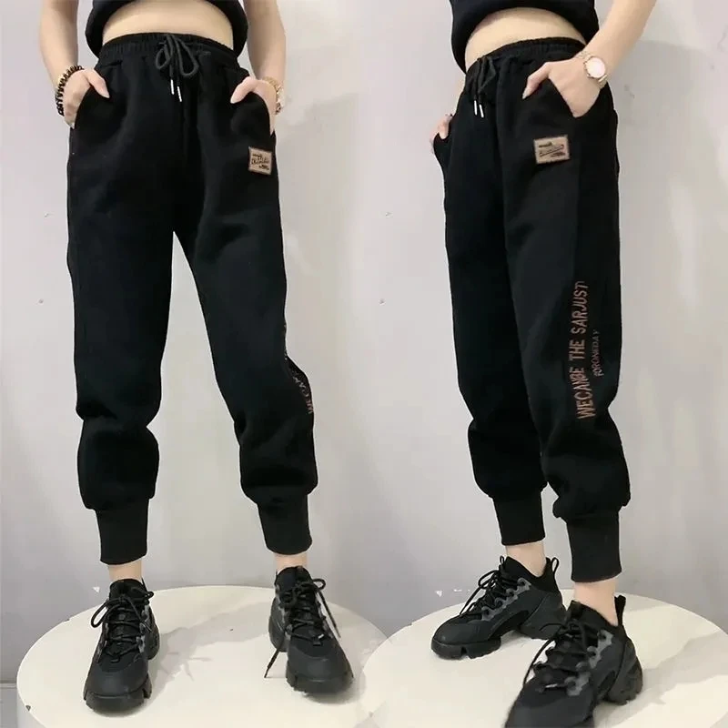 Women Black Casual Pants Harlan Pants Female Korean Fashion Trousers Loose Elastic Waist Trend Clothing Pocket Letter Sweatpants