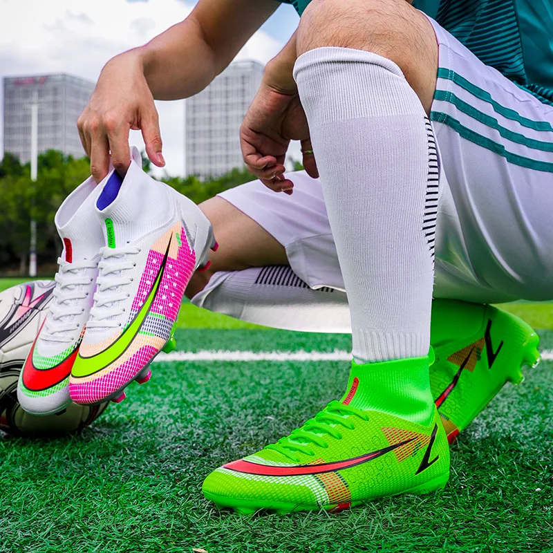 SENAGE High Quality Men Soccer Shoes Adult Kids Long Spike TF/FG Ankle Football Boots Outdoors Training Sport Soccer Sneakers