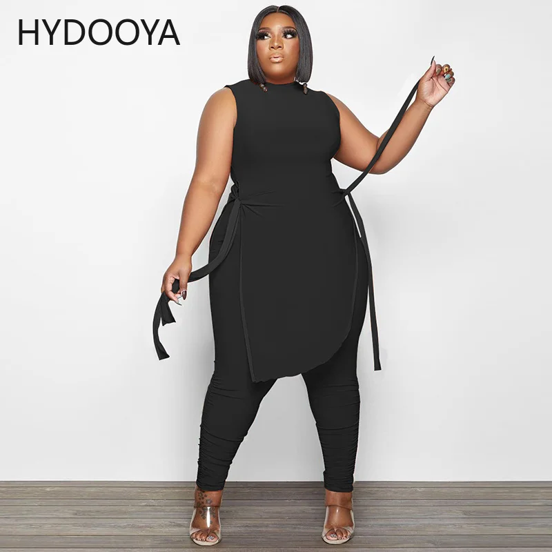 Plus Size Women Clothing Tracksuit Casual Two Piece Sets High Slit Sleeveless Top and Stacked Pencil Pant Dropshipping Wholesale
