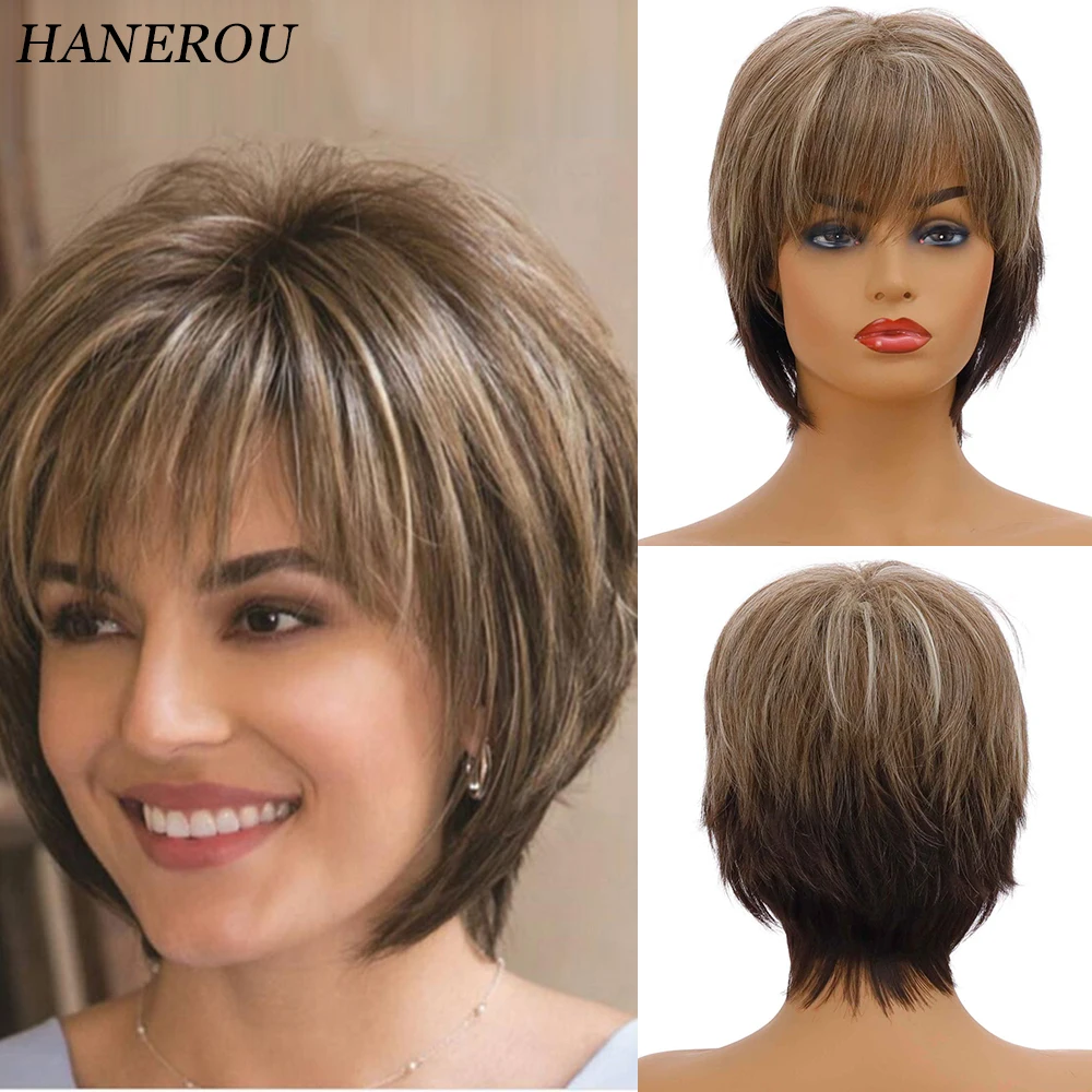 

HANEROU Short Straight Women Wig Ombre Mixed Blonde Brown Natural Wig Heat Resistant Fiber for Daily Party