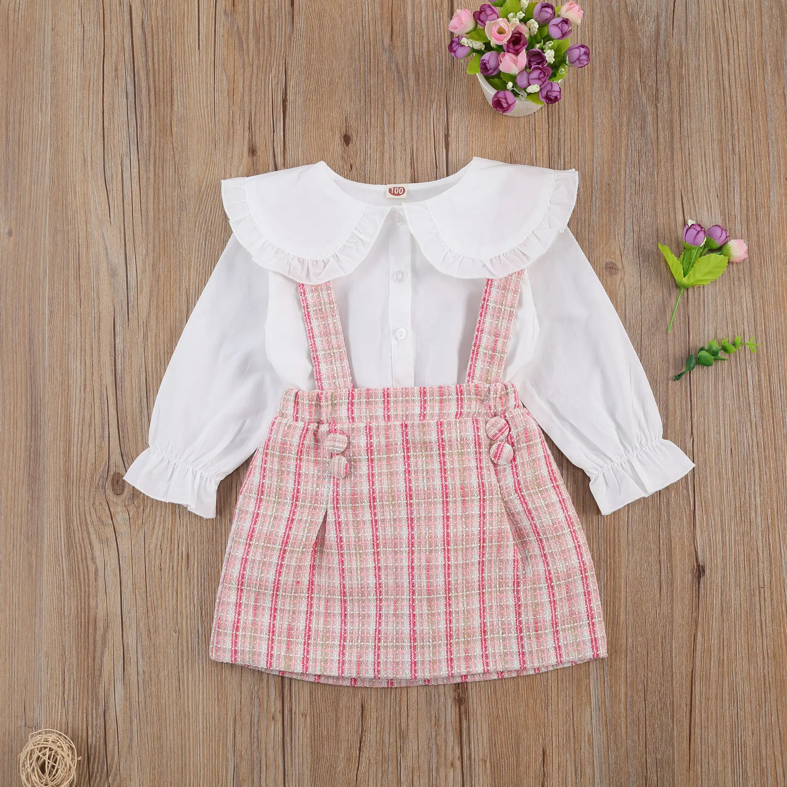 

Lovely Kids Baby Girls Clothes 2pcs Suit Peter Pan Collar Long Sleeve Shirt Plaid Suspender Skirt for Autumn Spring Outfits 2-7Y