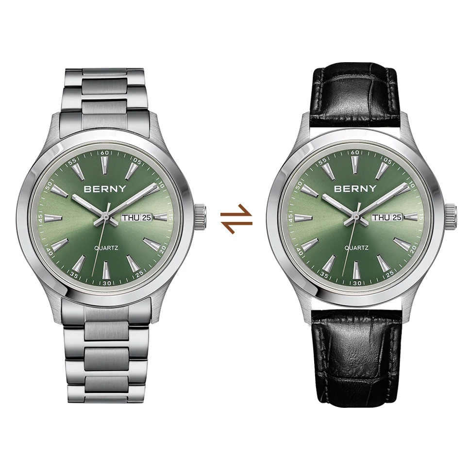 BERNY Miyota Quartz Watch Men Top Brand Luxury Luminous Wristwatch Waterproof Stainless Steel Day Date Fashion Watch For Male