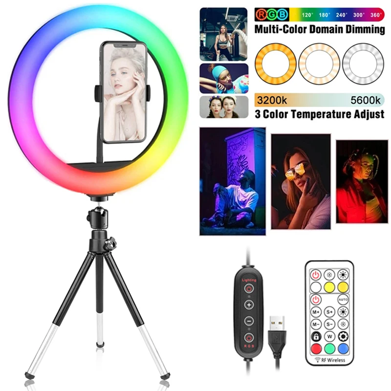 

Светодиодная цветная лампа для селфи, кольцевой светильник RGB с регулируемой яркостью, с дистанционным управлением и подставкой для телефо...