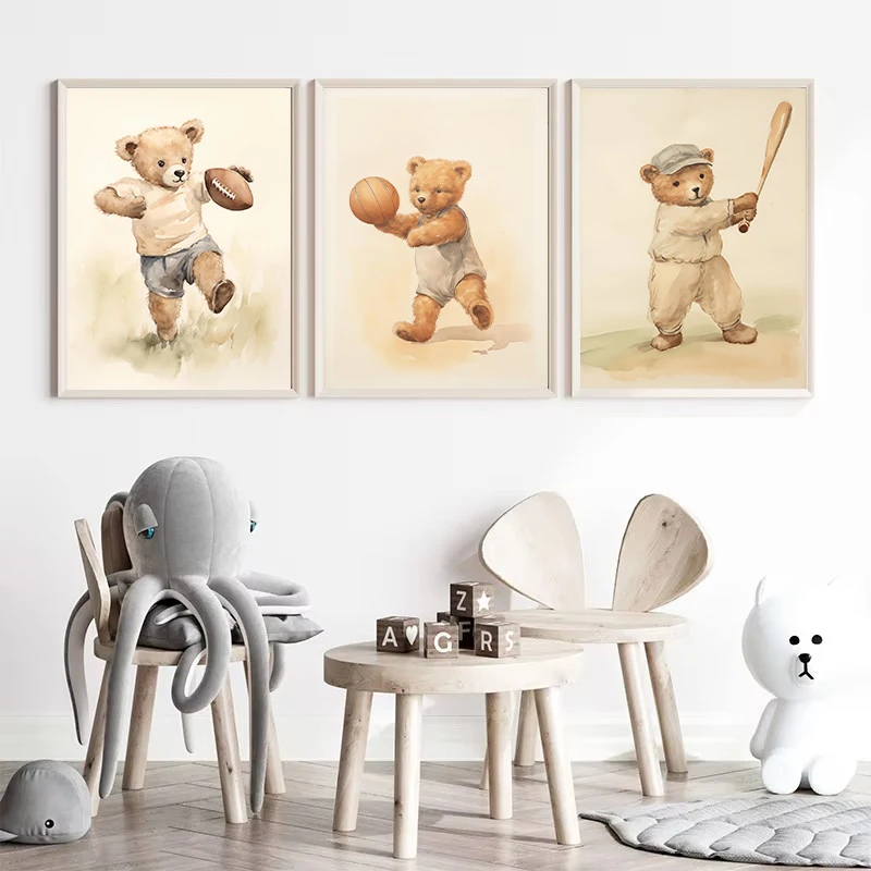 Акварель милый спортивный плюшевый мишка рыбалка гольф мультяшный постер холст