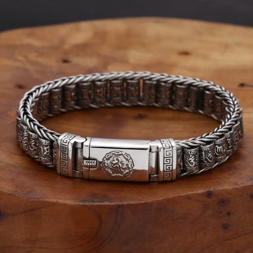 

11mm Width Real S925 Silver Vintage Six-character Rotable Cylinder Thai silver Retro Exquisite Bucket Beads Bracelet Men Women