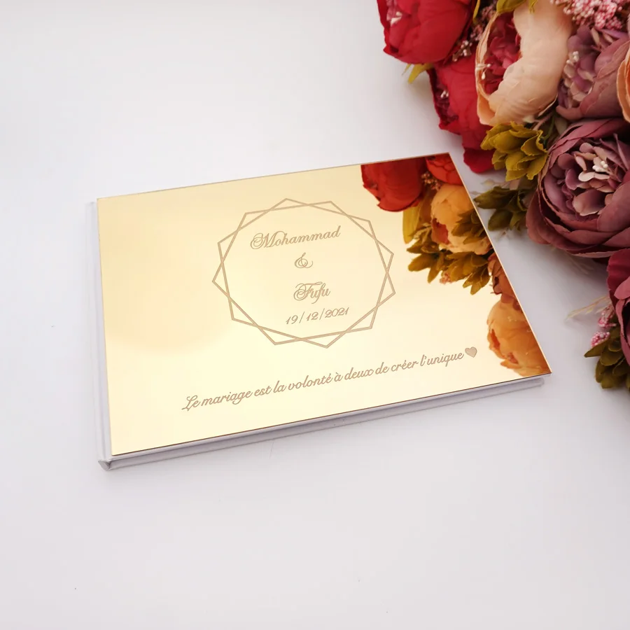 

25*18cm Personalized Custom Couple Name Wedding Signature Guest Book Horizontal Geometric Design Acrylic Mirror Cover Party Gift