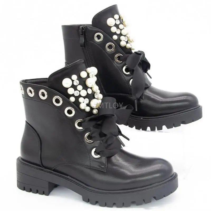 

Women Short Boots Ladies Leather Ankle Autumn Platform Motorcycle Shoes For Punk Winter Pearl Zip String Bead Botas Mujer