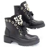 women short boots ladies leather ankle autumn platform motorcycle shoes for punk winter pearl zip string bead botas mujer