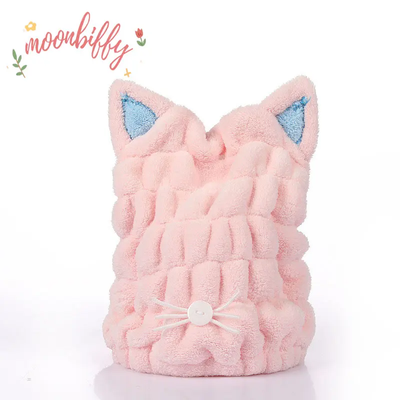 

Cat Ears Shape Cute Bath Accessories Coral Velvet Dry Hair Hat Microfiber Solid Womens Cap Drying Towel Head Wrap Hats