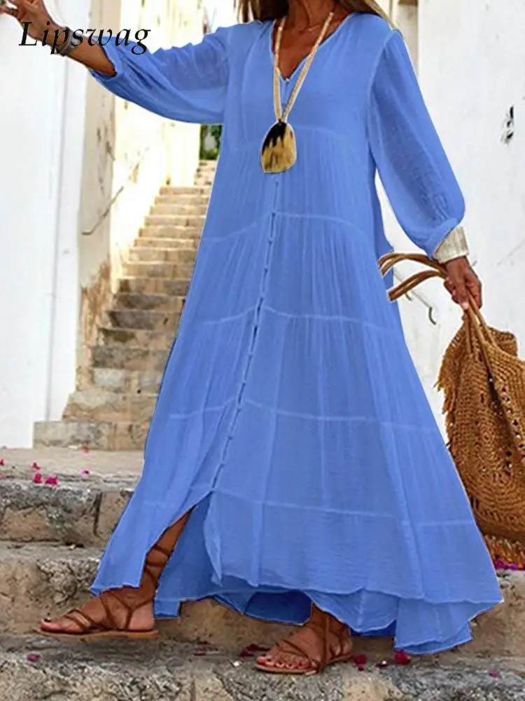 

Ladies Solid Single-breasted Splicing Maxi Dress Spring Summer V-Neck Long Sleeve Dress Retro Translucent Lantern Sleeve Dresses