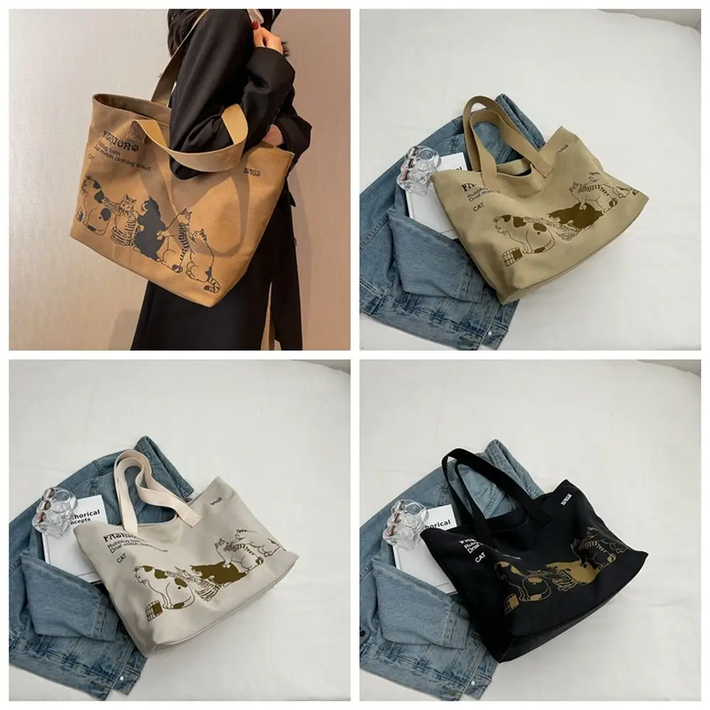 

Animal Cat Tote Bag Cute Letter Canvas All-match Large Capacity Travel