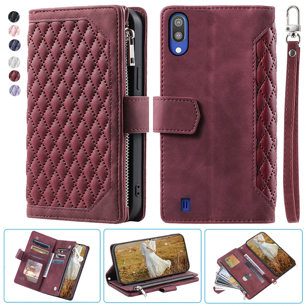 

For Samsung M10 Fashion Small Fragrance Zipper Wallet Leather Case Flip Cover Multi Card Slots Cover Folio with Wrist Strap