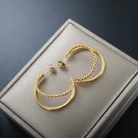 zmfashion double layer cc shape twist open design hoop earrings for women gold plated stainless steel circle earrings jewelry