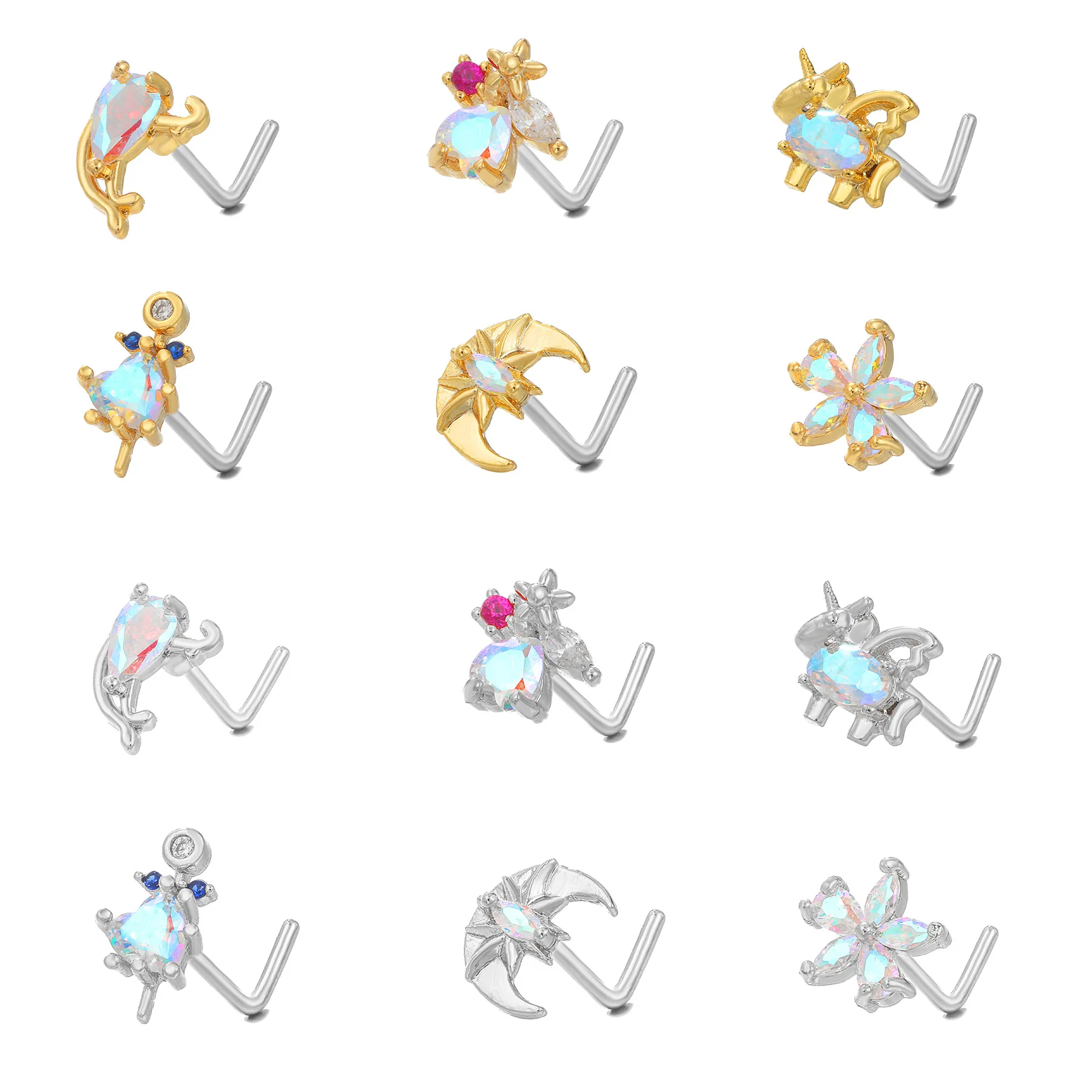 

Nose Piercing Copper Microinset AB Zircon Nose Decorated with L Rod Nose Stud for Women Body Piercing Jewelry Accessory