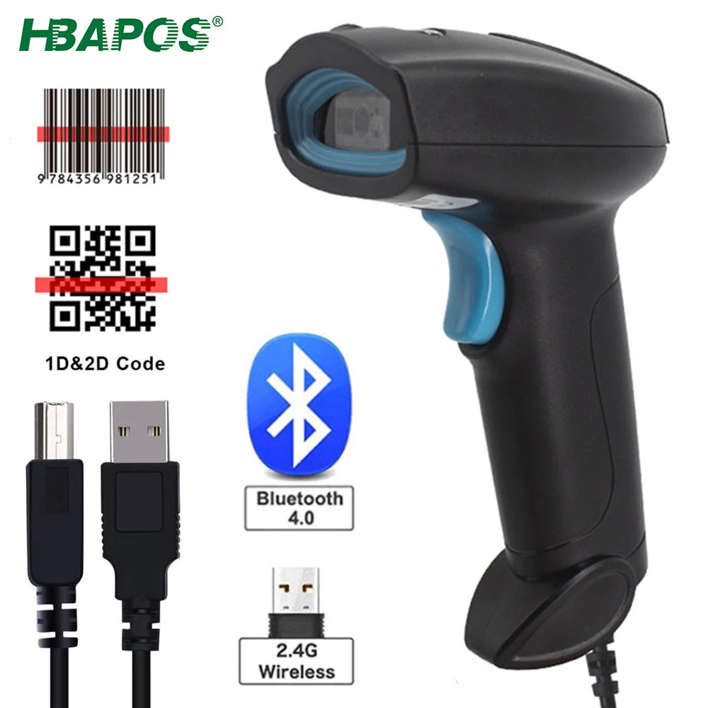 

HBAPOS 1D 2D Supermarket Handheld Barcode Scanner QR PDF417 Bar Code Reader Bluetooth 2.4G Wireless Wired USB Interface Scan Gun