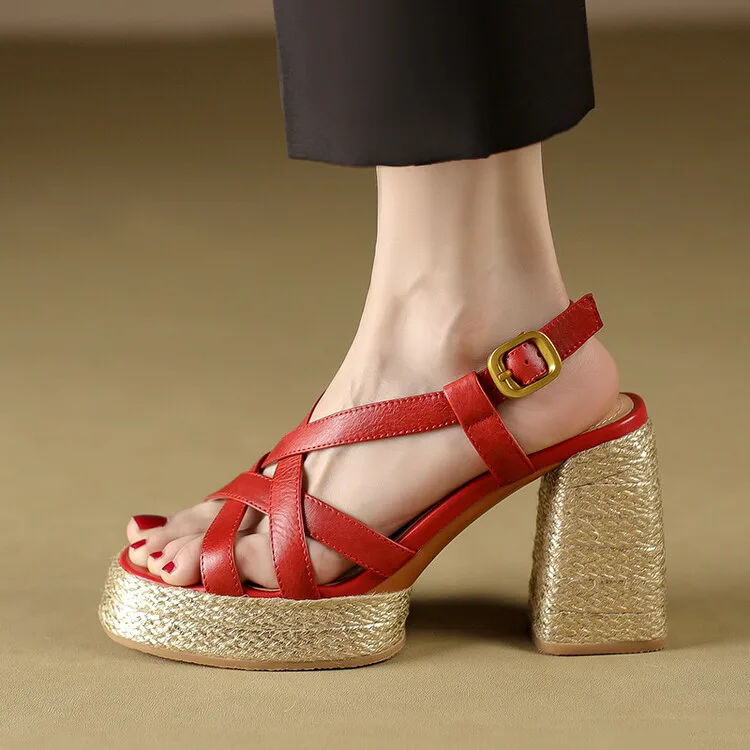 

Red Leather Cross Strap Women Platform Sandals Chunky High Heels 10cm Prom Summer Pumps Chic Black Thick Beach Sandalias Zapatos