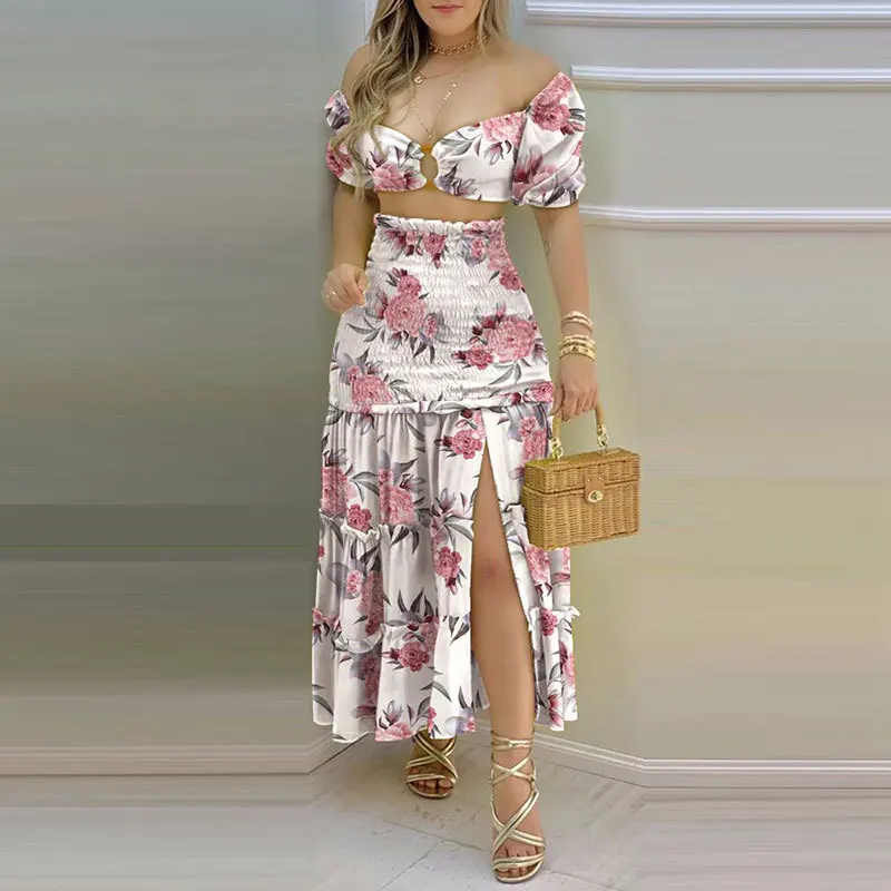 

Spring Autumn Elegant Set Sexy Chest Wrap Off Shoulder Short Top Folds Ruffle Long Skirt Suit Floral Print Party 2 Piece Set