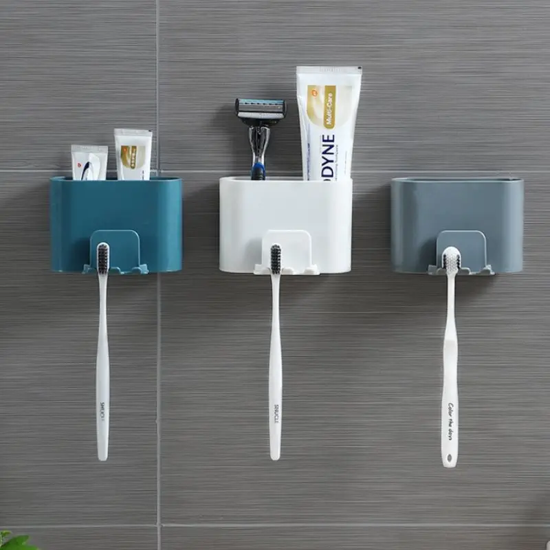 

Toothbrush Holder Punch-free Wall-mounted Toothbrush Holder Shaver Toothpaste Mouthwash Cup Storage Rack Bathroom Accessories