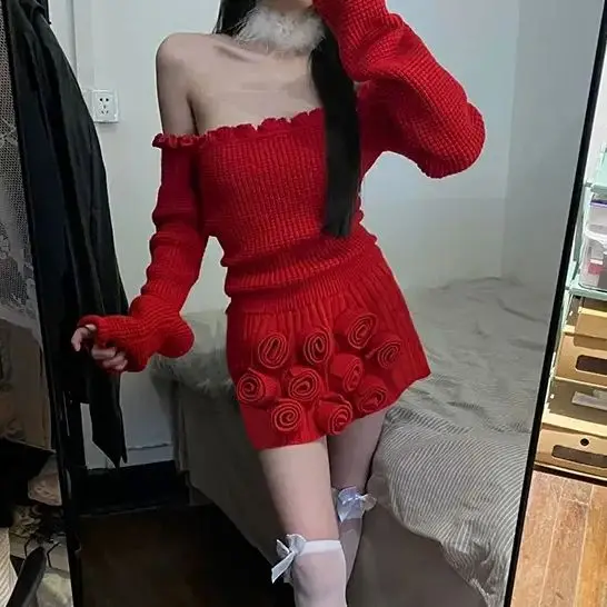 Рождественский вязаный комплект из двух предметов Y2k сексуальный женский