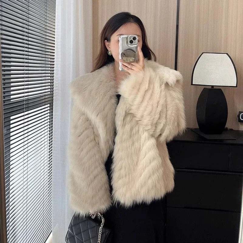 Корейская версия ретро темно-синее пальто с воротником из лисьего меха женское