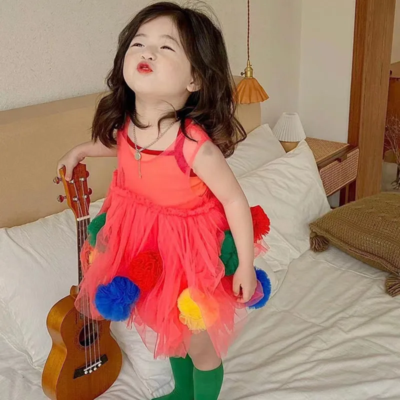 

Girls Dress 2022 Summer New Female Treasure Cute Bath Ball Mesh Vest Skirt