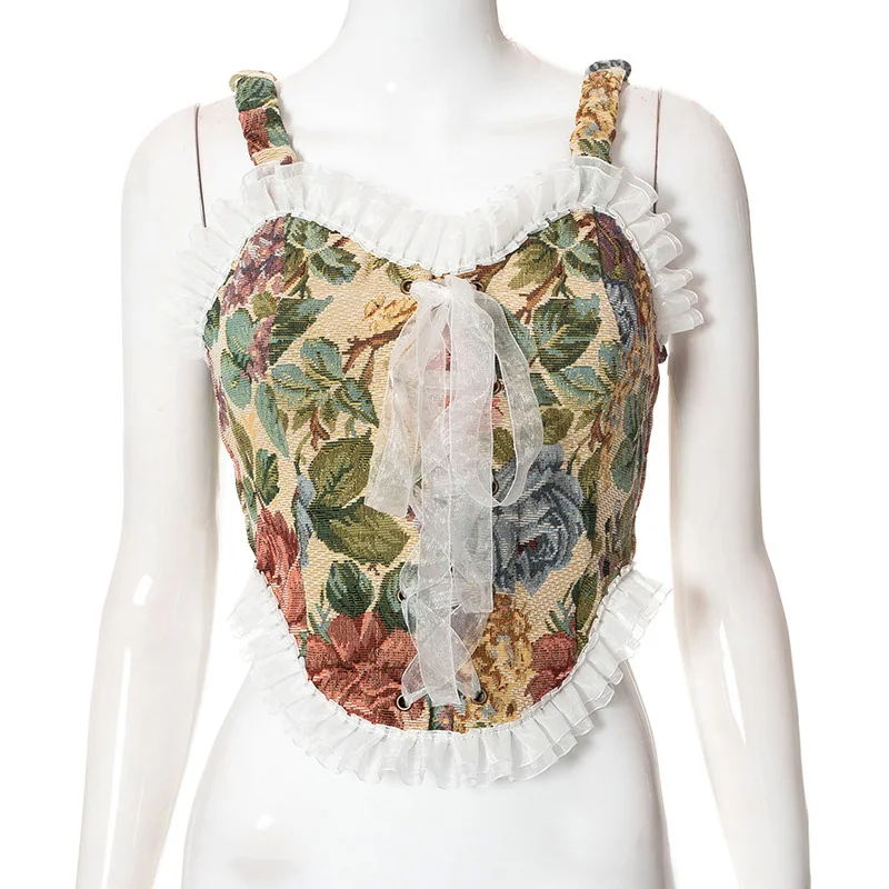 

Women Summer 2022 Pullover Sleeveless Lace-up Fungus Ruffles Mesh Casual Elegant European Beauty Corset Top Party Streetwear