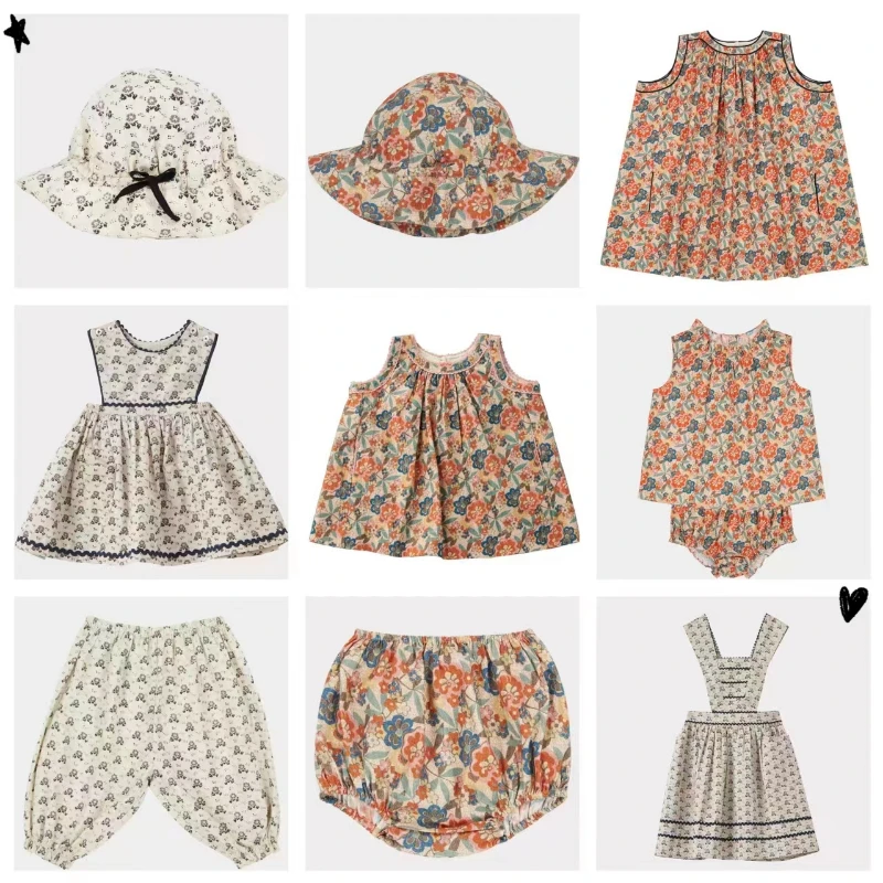 

Костюм для девочек, Новинка Весна 2023, серия CBC, летняя Цветочная юбка без рукавов, комбинация, брюки с цветочными бутонами, Солнцезащитная рыболовная шляпа