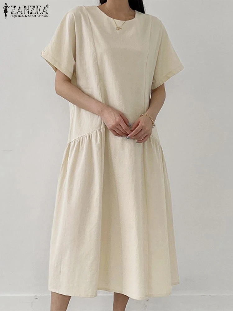 

ZANZEA Chic O Neck Sundress 2022 Summer Baggy Maxi Vestido Women Vintage Solid Cotton Dress Casual Short Sleeve Dresses Oversize