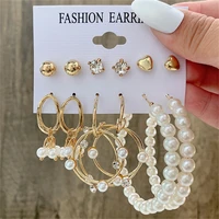 vintage gold color geometric love heart womens earrings set fashion imitation pearl circle drop earrings female jewelry gifts