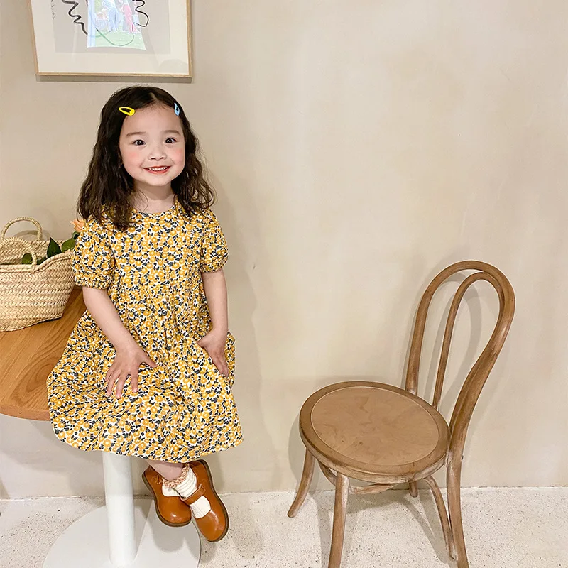 

New 2022 Summer Girls Cotton Floral Short Sleeve Princess Dress Korean Style Kids Loose Mesh Clothing