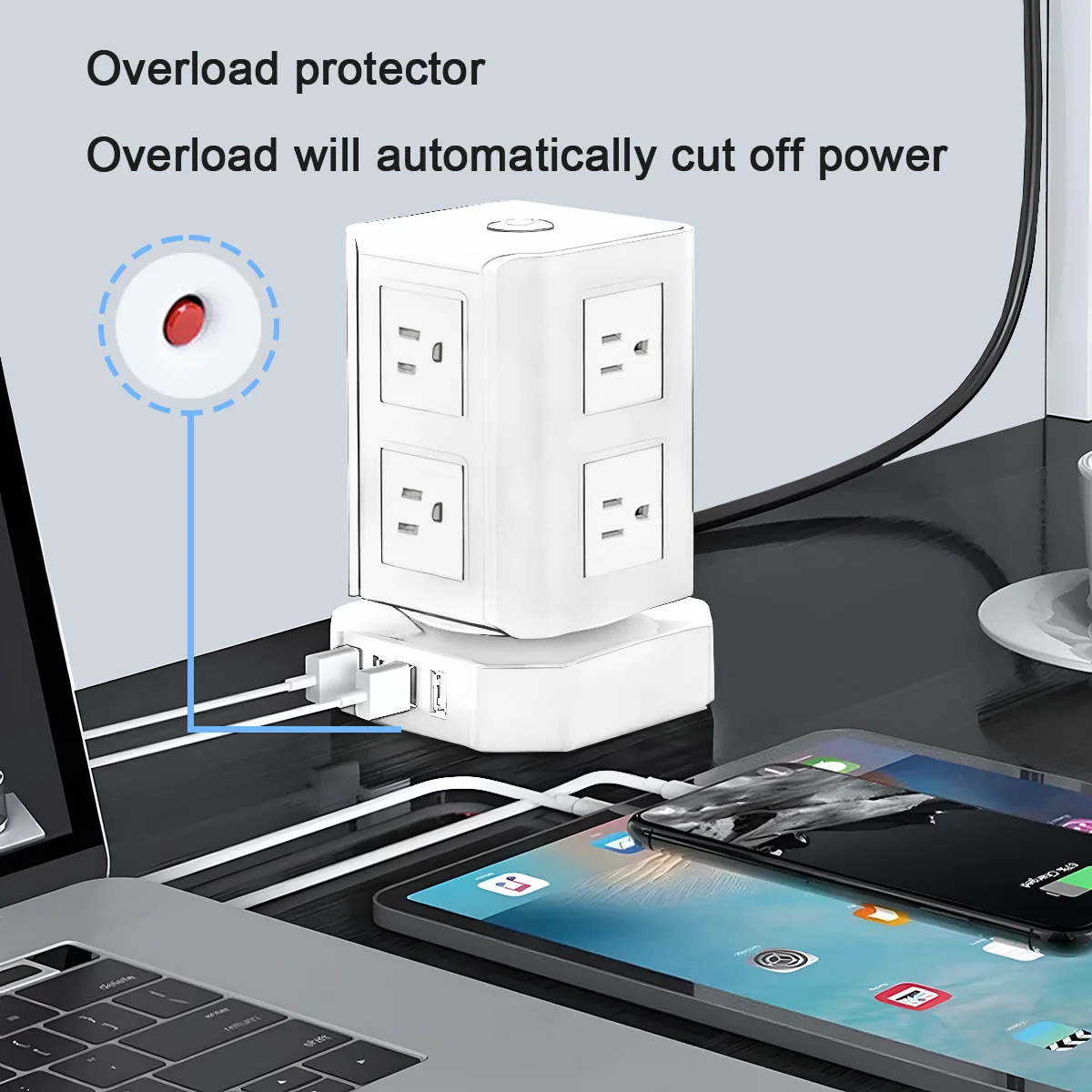 Удлинитель вертикальный 8 розеток 4 порта USB зарядка несколько электрических