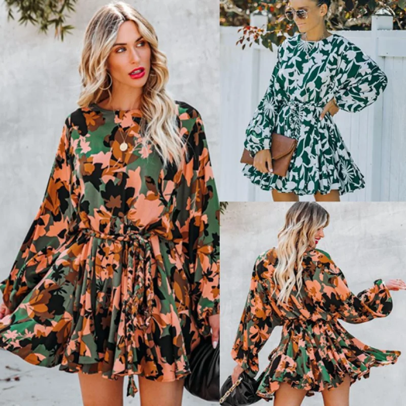 

European and American New Printing round-Neck Long-Sleeved Dress