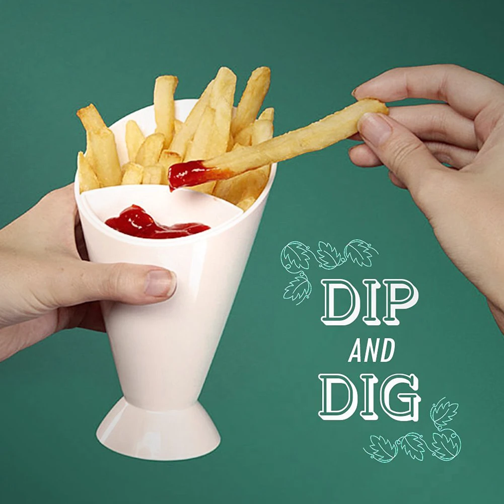 

2 in 1 French Frying Cone with Dipping Cup Kitchen Potato Cone Sauce Cup Chips Ketchup Jam Tool Dipping Tableware C8L0