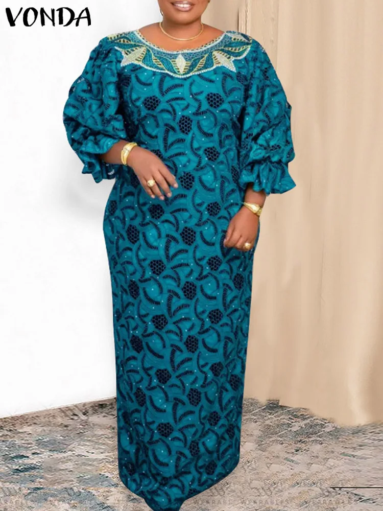 

Women Bohemian Printed Dress 2023 Sexy Three Quarter Round Neck Vintage Lantern Sleeve Maxi Long Sundress Summer Vestidos Baggy