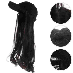 Long Curly Hat Peaked Cap Hat with Hair Attached Synthetic for Women