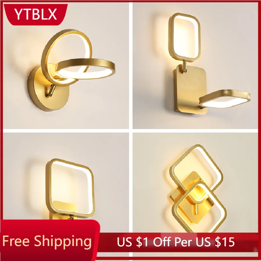 

Modern Iron Wall Lamp Indoor Creative LED Gold Black Bedside Light Living Room Aisle Anti Rust Sconce Circle Square Stair Light