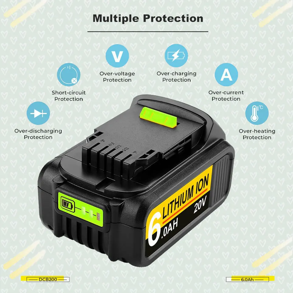 

2022 Batteryreplacement parts are suitablefor Dewalt 20Vlithium battery XR DCB204 DCB206 DCB205-2 DCB201 20V DCD/DCF/DCG series