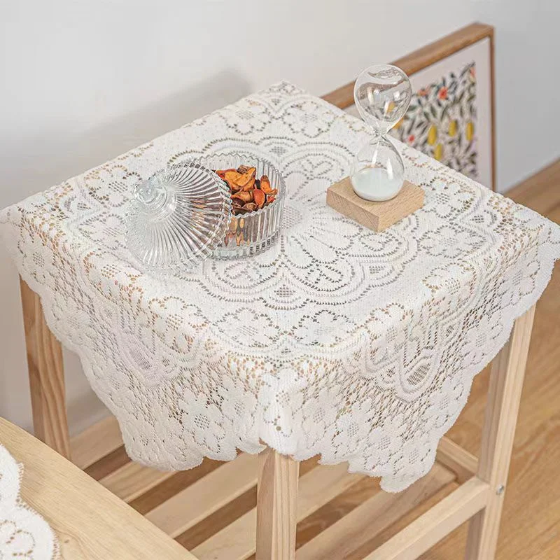 

Retro Crochet Lace White Tablecloth Knitted Bedside Table Cover Coffee Table Desk Cloth Desktop Home Decoration for Bedroom