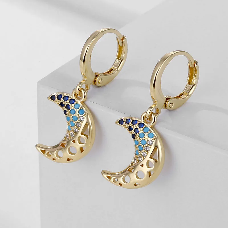 

New Charm Sapphires Moon Pendant Copper Hoop Earring Fashion Trends Personality Design Women's Jewelry Holiday Gift Aretes
